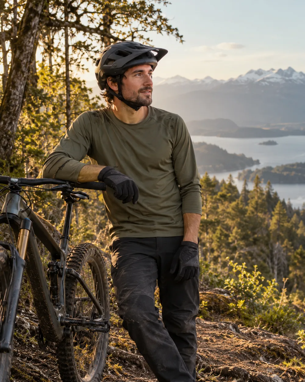 Ciclista con casco frente a un lago del sur